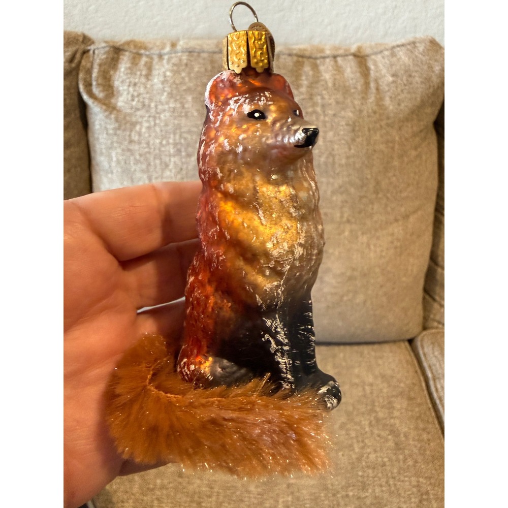 Old World Christmas Red Fox Glass Ornament Faux Fur Tail Metallic Orange Gold
